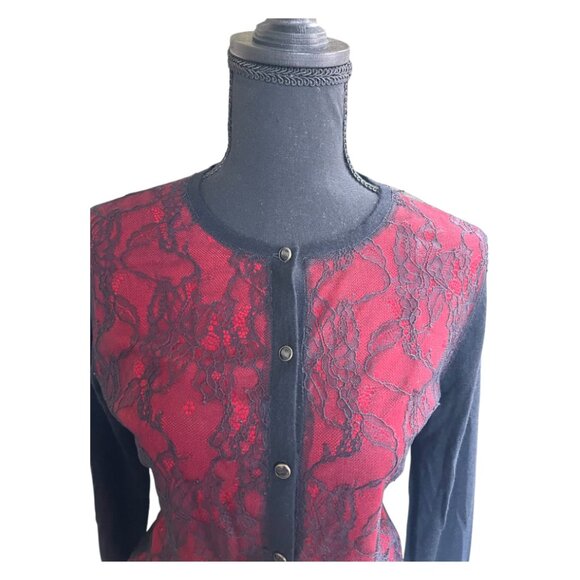 Neiman Marcus Red/Blk 100% Cashmere Button Closure Lace Accented Cardigan - Picture 2 of 7